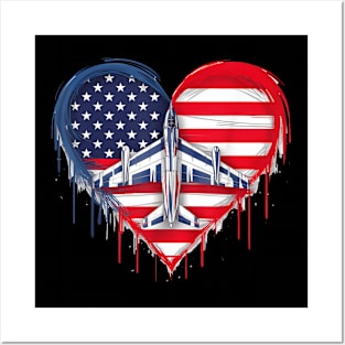 Fighter Jet Airplane American Flag Heart 4Th Of July Posters and Art